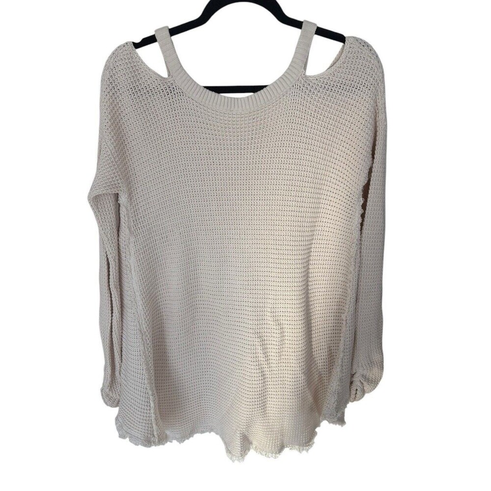 Free People Moonshine Cold Shoulder Cream Waffle Knit Sweater Size S Boho Cotton - Picture 3 of 4